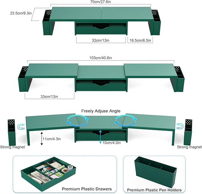 Spacrea Metal Desk Organizers and Accessories, Dual Monitor Stand Riser with Drawer and 2 Pen Holders, Desk Accessories & Workspace Desktop Organizers for Office Supplies (Dark Gree) - Image 5