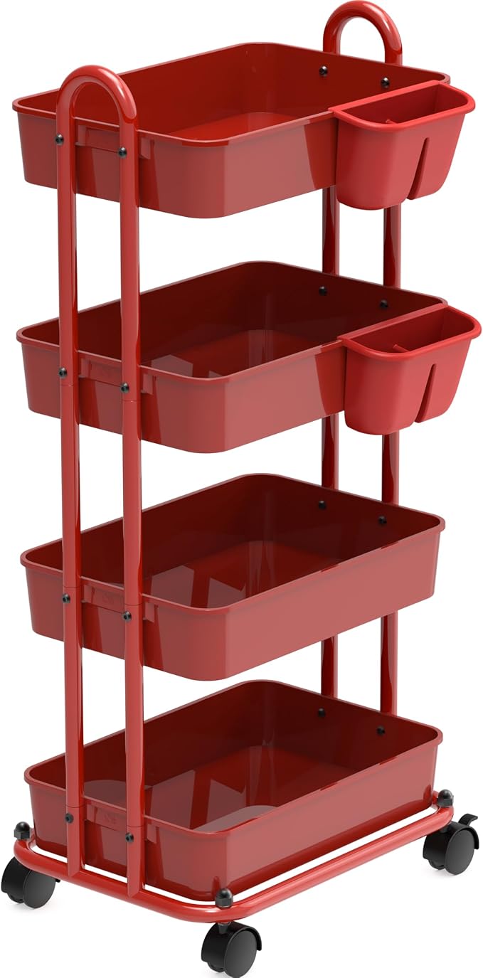 Simple Houseware 4-Tier Rolling Utility Cart with Hanging Bucket, Red | Storage for Bathroom, Kitchen, Office, Study Room, Nursery Diaper by SimpleHouseware