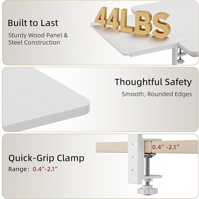 Desk Extender, 15-inch Clamp-On Desk Shelf, Height-Adjustable Desktop Shelf Organizer for Monitors Office and Gaming Accessories, Arm Support Table Extension, 44lbs Heavy Duty, White - Image 6