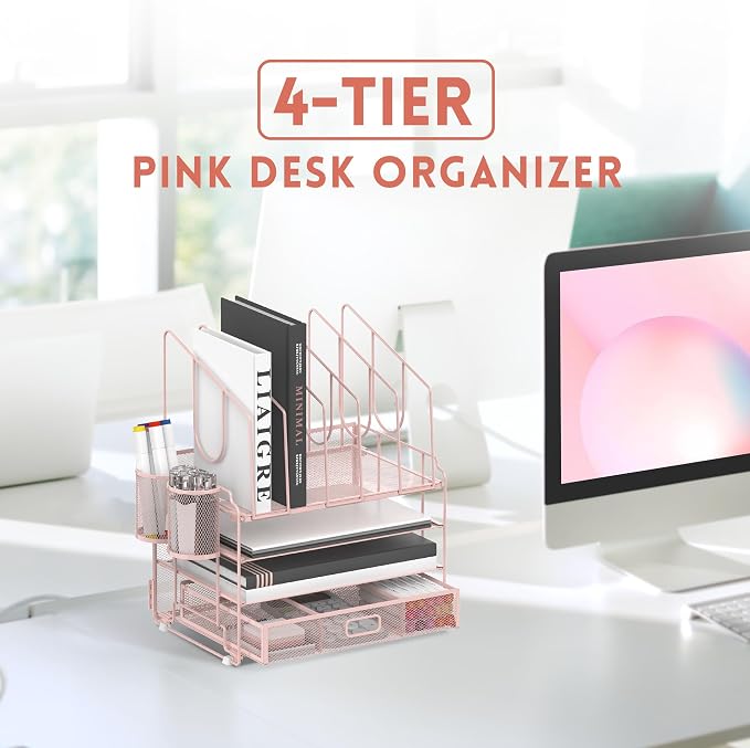 DALTACK 4-Tier Mesh Desk Organizer with Drawer, Desktop Organizer with 5 Vertical File Holders and 2 Pen Holders, File Organizer for Desk, Multifunction Office Desk Accessories, Pink - Image 2