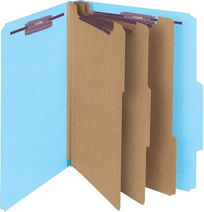 Smead Pressboard Classification File Folder with SafeSHIELD Fasteners, 3 Dividers, 3" Expansion, Letter Size, Blue, 10 per Box (14094) (Pack of 1) by SMEAD