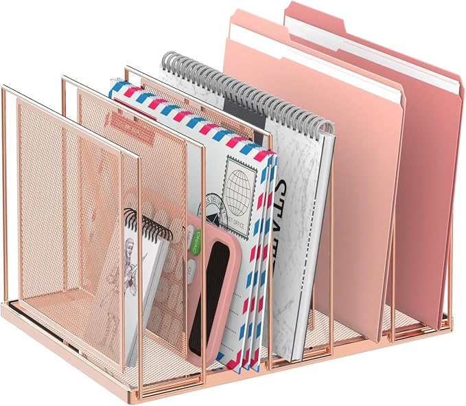 File Organizer for Desk, 5-Section Vertical File Sorter, Paper Holder Organizer Standing Metal File Folder for Office Home Classroom, Rose Gold by JMHUD