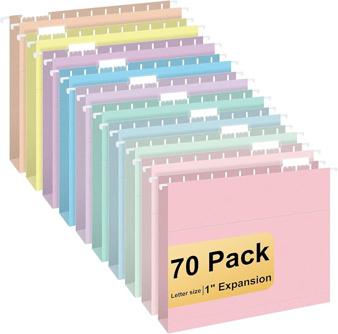 Hanging File Folders, 70 Pack Letter Size Hanging File folders with 1/5-cut Tabs, Stay Organized for Your Home and Office Bulk File, Documents and Paper, Macaron 10 Colors by YOPCDJ