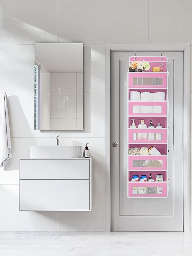 JARLINK Over the Door Organizer for Bedroom, Pantry, Bathroom, 5 Shelf Pink | Anti-Tilt Design, 44 lb Load Capacity, Hanging Door Organizer with 5 Large Capacity Pockets, Behind Door Storage for Nursery - Image 3