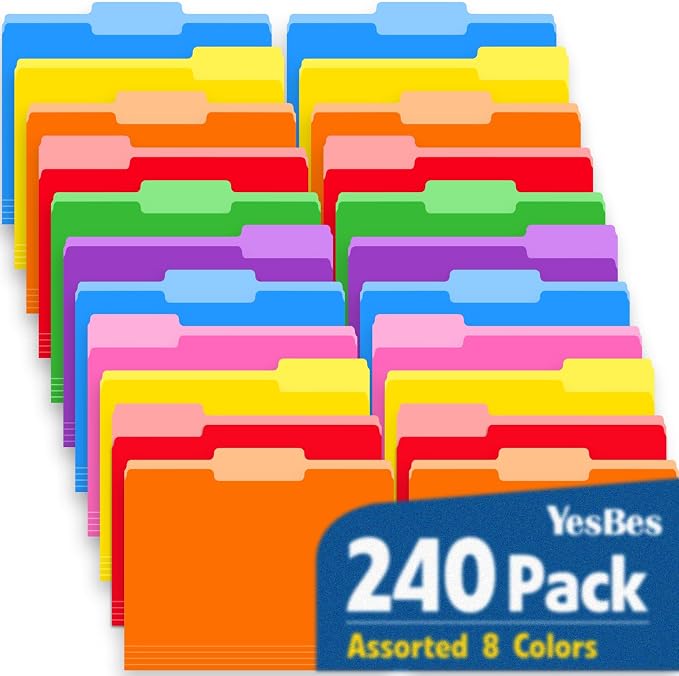 240 Pack Colored File Folders, 1/3 Cut Tab File Folders Letter Size 8.5 x 11 Inch, Assorted 8 Colors Filing Folder for Office School Business by YesBes