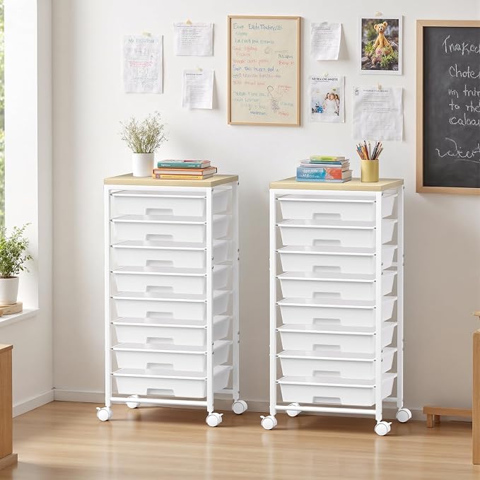 Rolling Cart with 8 Drawers, Plastic Drawer Storage Carts with Wheels & Wooden Tabletop, Metal Utility Cart Organizer for Bedroom Living Room Office Classroom Craft Organization and Storage, White - Image 3