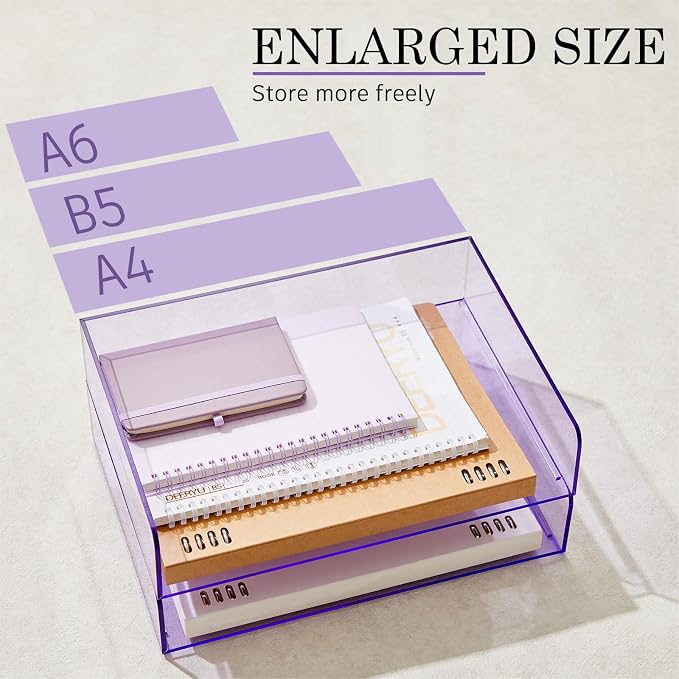 Harloon 4 Tier Clear Purple Acrylic Paper Organizer Letter Tray, Aesthetic Stackable Desk File Organizer Paper Holder Office Tray for A4, Modern Classroom Home Office File Pad Books Notes - Image 4