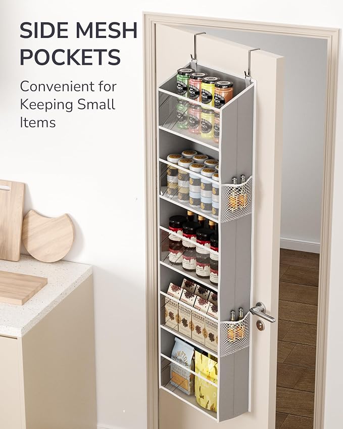 ULG Clear Over The Door Organizer 5-Tier Hanging Storage with 4 Side Pockets,Back of Door Organizer for Pantry, Bathroom, Nursery, Light Grey - Image 5