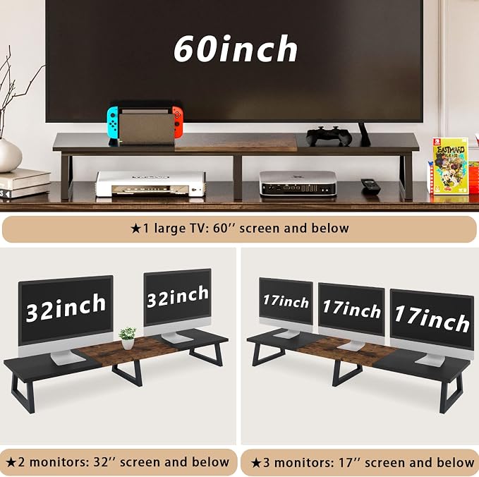 TEAMIX 42 inch Large Dual Monitor Riser, Desk Organizer Stand for TV Laptop | Extra Long Computer Stand Shelf, Wood & Steel TV Riser, Holds 300lbs, Keyboard & PS5 Storage Below, For Home Office & Gaming - Image 7