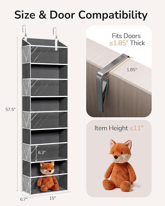 ULG Stuffed Animal Organizer Over the Door, Large Hanging Plush Toy Storage with Mesh Window, Cotton Kids Toy Organizer for Bedroom, Nursery, Playroom & Baby Items Dark Grey - Image 6