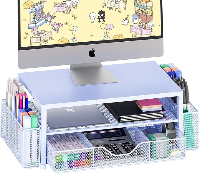 Desk Organizers and Accessories, Computer Monitor Stand Riser with Drawer and 2 Pen Holders, Printer & Laptop Stand, Office Desk Accessories & Workspace Organizers for Home Office Supplies, Blue by OPNICE