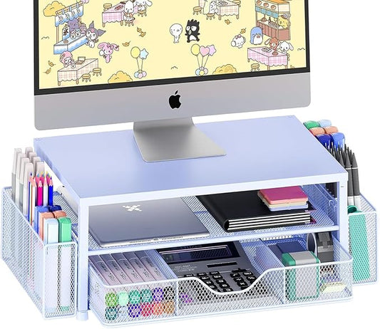Desk Organizers and Accessories, Computer Monitor Stand Riser with Drawer and 2 Pen Holders, Printer & Laptop Stand, Office Desk Accessories & Workspace Organizers for Home Office Supplies, Blue by OPNICE