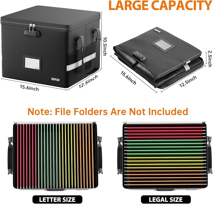 ENGPOW 5200°F Fireproof Document Box with Lock, Heat Insulated Collapsible File Storage Organizer with Handle, Portable Home Office File Cabinet for Hanging Letter/Legal Size Folder, Black - Image 8
