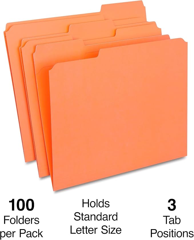 Staples Reinforced Colored File Folders, Letter Size, 3‑Tab Design, Orange, Heavy‑Duty Construction, 100/Box - Image 2