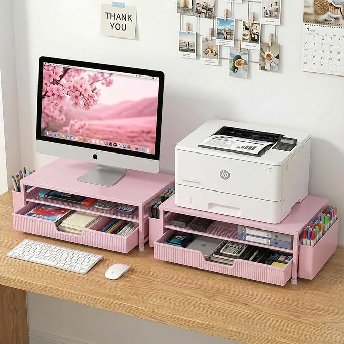 ECOLOVI Desk Organizer and Accessories, 2-Tier Computer Monitor Stand Rise with Storage Drawer & 2 Pen Holders, Laptop & Printer Stand for Desktop, Workspace Organizers for Office Supplies (Pink) - Image 8