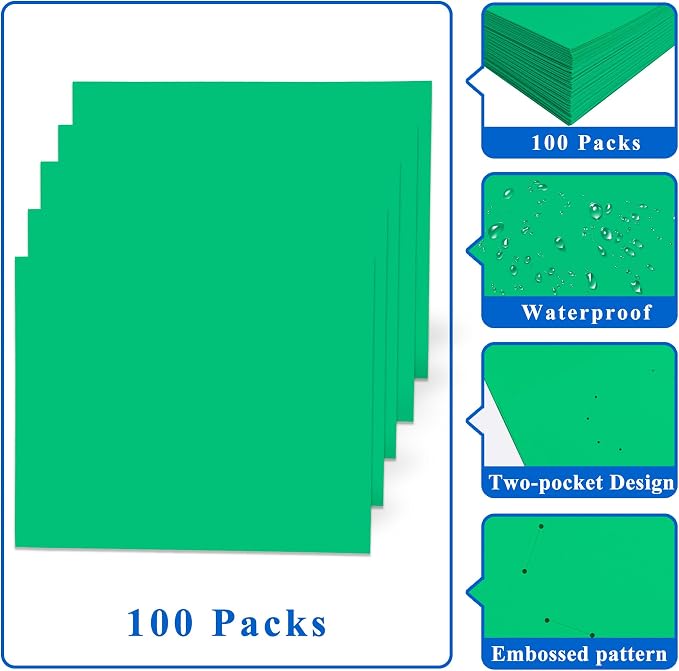 Zzrywuty 100 Packs Paper Green Folders with Pockets for Students,Businessmen and Office Workers,Letter Size,Two Pocket Folders with Card Slot for Office,Business,School Supplies - Image 5