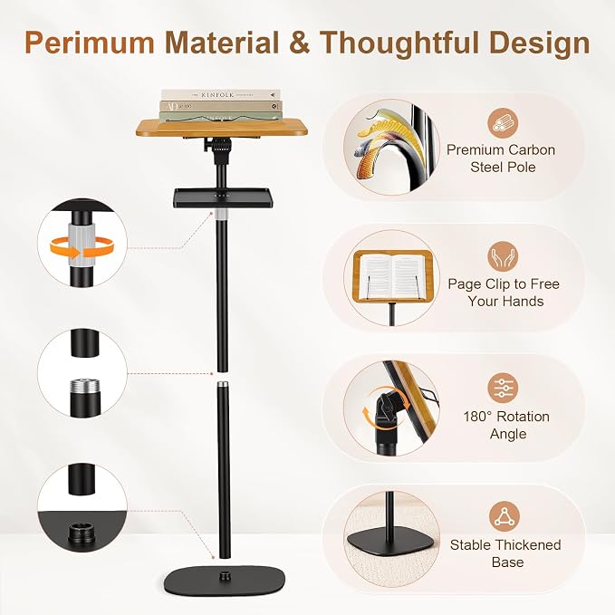 2-in-1 Floor & Desktop Music Book Stand, Adjustable Height 19.7-51.2 in | Dual-use Detachable Reading Stand, Features Storage Tray and Page Clips for Sheet Music, Laptops & Cookbooks - Image 7