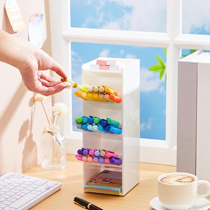 MotiMind Acrylic Pen Organizer Storage for 50 Markers Vertical Marker Organizer Acrylic Pen Display Holder for Office Desk Desktop Stationery Pencil Storage, White, 3.4 x 4 x 10.2 Inch - Image 4