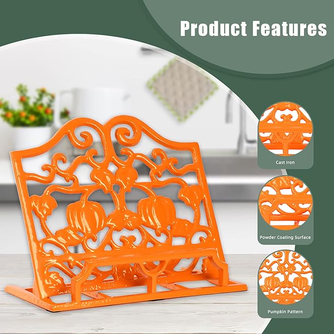 Vintage Cookbook Stand, Robust Wrought Cast Iron Recipe Book Holder for Kitchen Counter, Large Metal Cook Book Stand with Pumpkin Design, Orange - Image 2