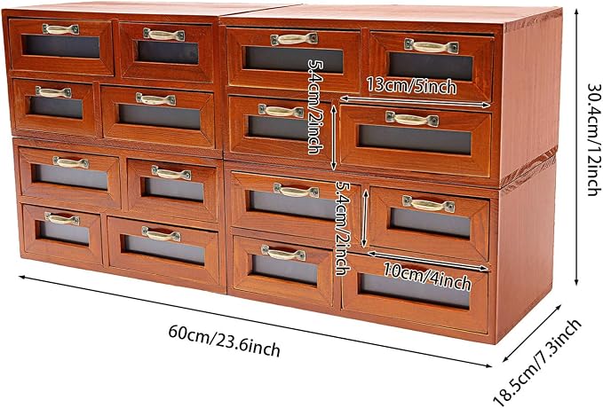 4Pcs Vintage Wooden Storage Cabinet,16 Drawer Wooden Multi Drawer Storage Organizer with Clear Windows Storage Box, Apothecary Cabinet for Files, Books, Letters, Papers - Image 2
