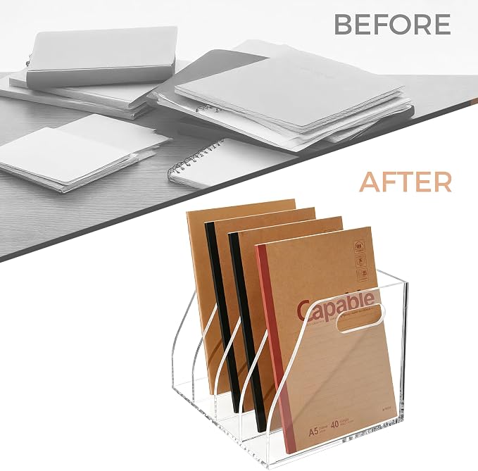 Clear Acrylic Magazine File Holder with Handles, 4-Slot Heavy-Duty Desk Organizer, Vertical Document Sorter & Book Rack for Office, Home & Classroom, Thick 5mm Tabletop Storage, 7.1x8.1x6.3 in - Image 8