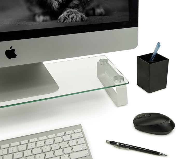 Mount-It! Glass Monitor & Laptop Riser Stand, 22", 44 lbs | Clear flat screen display stand with desktop shelf and organizer, glass and aluminum construction. - Image 4
