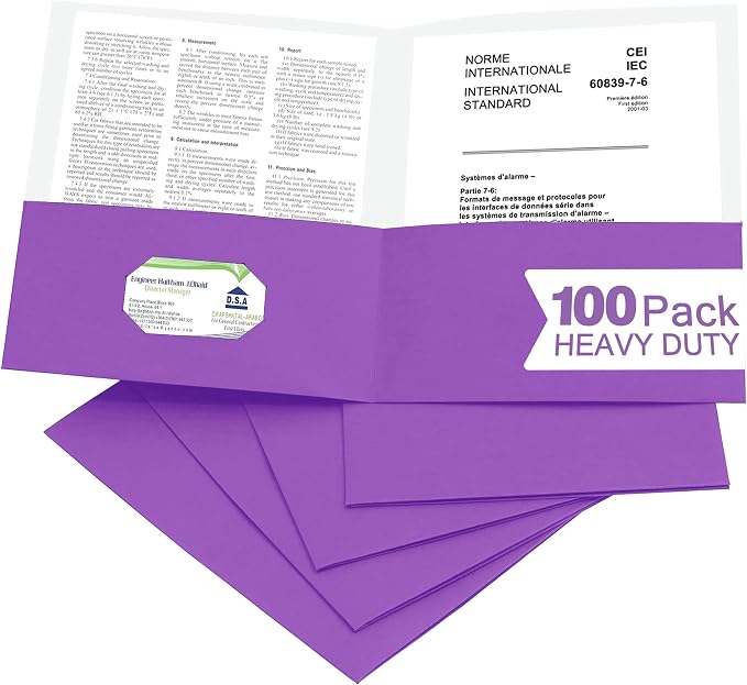 Zzrywuty 100 Packs Paper Purple Folders with Pockets for Students,Businessmen and Office Workers,Letter Size,Two Pocket Folders with Card Slot for Office,Business,School Supplies by Zzrywuty