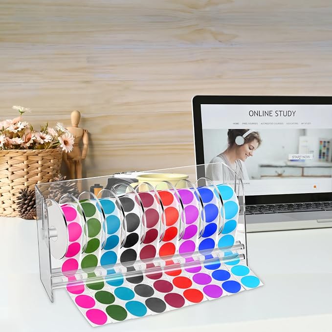 Lawei Adjustable Label Dispenser, 9 Disks Acrylic Sticker Dispenser Sticker Roll Holder, Clear Label Sticker Holder Organizer, Sticker Stand Label Holders for Office Home Desktop - Image 6