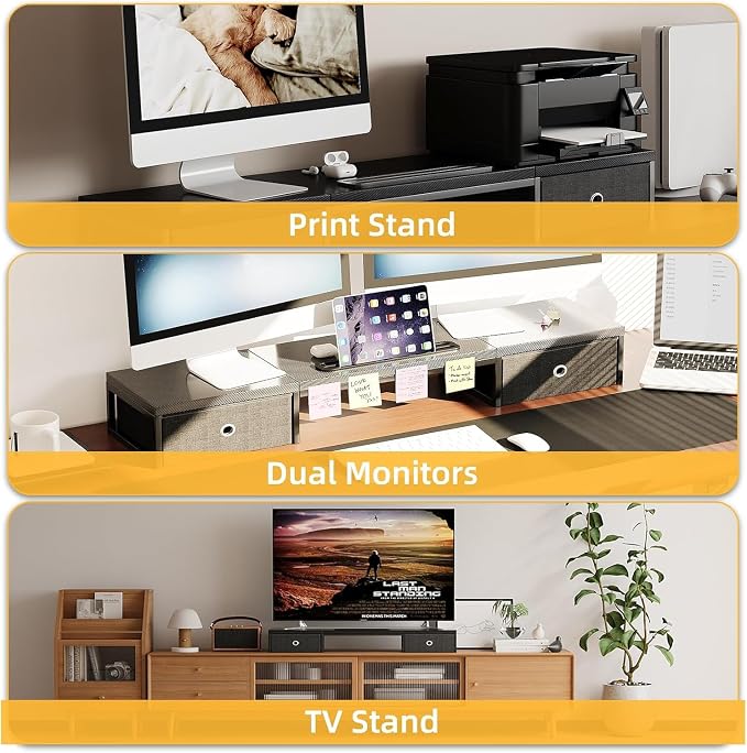 Mexin 39" Dual Monitor Stand Riser with 2 Storage Drawers, Carbon Fiber Computer Desk Organizer for 2 Monitors, Heavy Duty 100 Lbs Desktop Stand with Phone Tablet Holder for Home Office, Black - Image 5