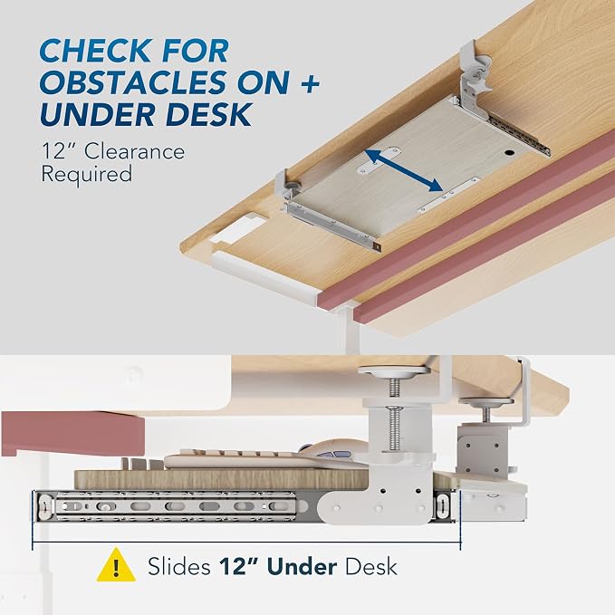 Keyboard Tray Under Desk Pull Out with Extra Sturdy C Clamp Mount System, 27.3 (32.5 inch Including Clamps) x 11 Inch Slide-Out Platform Computer Drawer for Typing Grain - Image 6