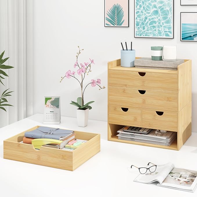 Bamboo Desk Drawer Organizer, Large Desktop Organizer with Drawers Tabletop Storage Organization Box for Office Home Toiletries Supplies Vanity, No Assembly Required (2 Drawer with Shelf) - Image 5