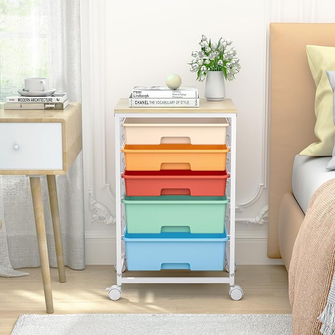 SYKIARIOL Utility Cart with Drawers,5 Drawers Storage Cart,Macaron | 5-Tiers Storage Cart with Drawers with Lockable Wheels for Craft Organizers and Storage,Home Office,Classroom,Dorm,Playroom - Image 2