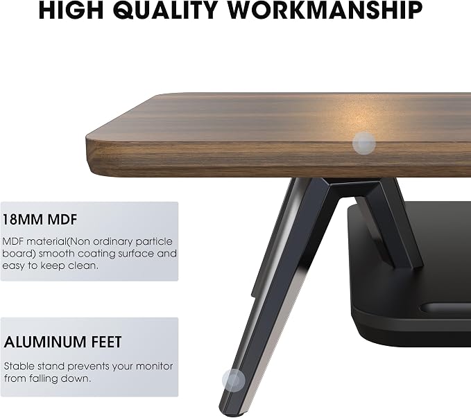 Fenge Dual Monitor Stand Riser, Wooden Desk Shelf with 2-Tier Storage | 47.2-Inch Extra Wide, Sturdy Aluminum Legs, Built-In Phone & Tablet Slot, Desktop Organizer for Office Accessories - Image 4