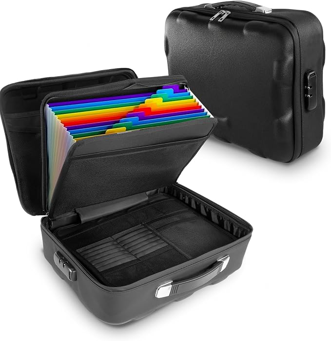 Fireproof Document Box, Hard Case Fireproof File Organizer Box with Lock and 13 Pocket Accordion File Folder, Portable Safe Box for Office Storage Important Documents (Black) by Aobteeny