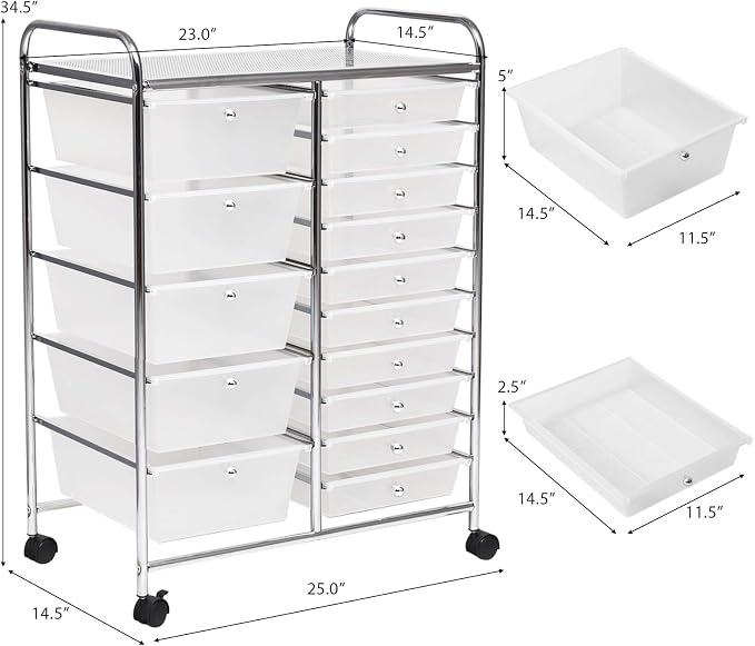 GOFLAME 15-Drawer Rolling Storage Cart, Craft Storage Cart with Removable Drawers & Lockable Wheels, Art Cart Supply Storage Organizer for Home Office Classroom, Clear - Image 3