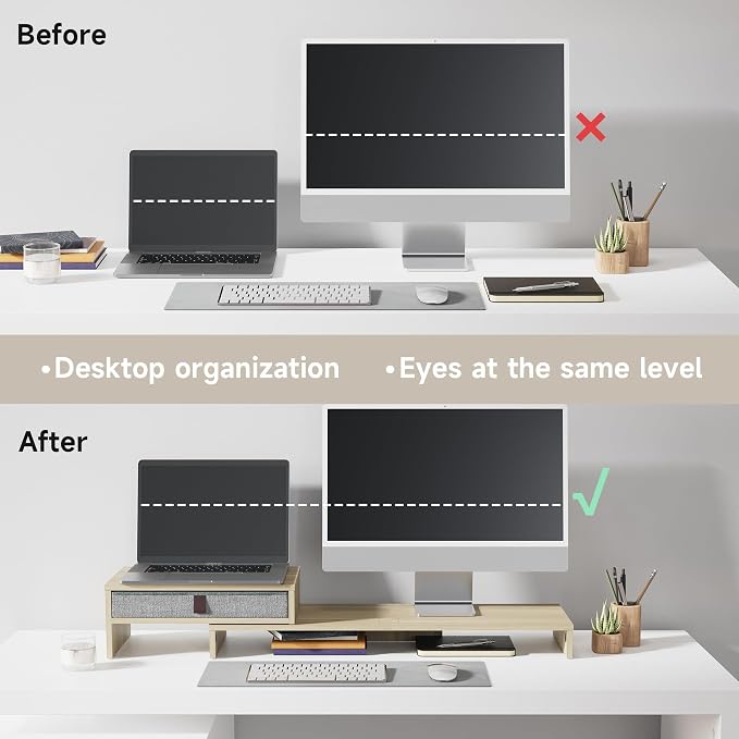 Fenge Triple Monitor Stand with Srorage Drawer, Adjustable Length and Angle | Computer Monitor Riser for 2 or 3 Monitors, Wooden Desktop Laptop Stand, Office Organizer for PC, Screen, Tablet, Oak - Image 7