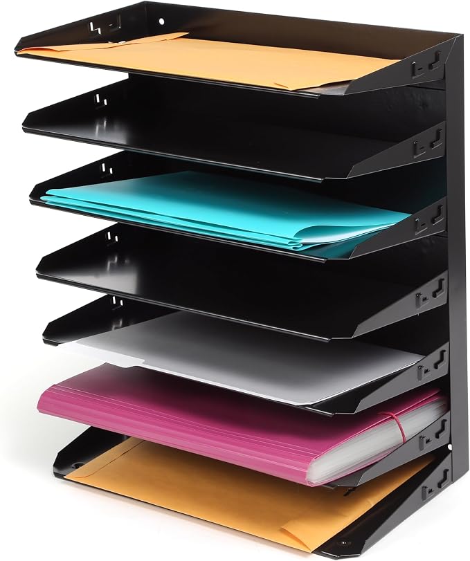 Huron Desktop Horizontal 7-Slot Legal File Binder Organizer Storage Letter Tray, Black Commercial Grade Steel by Huron