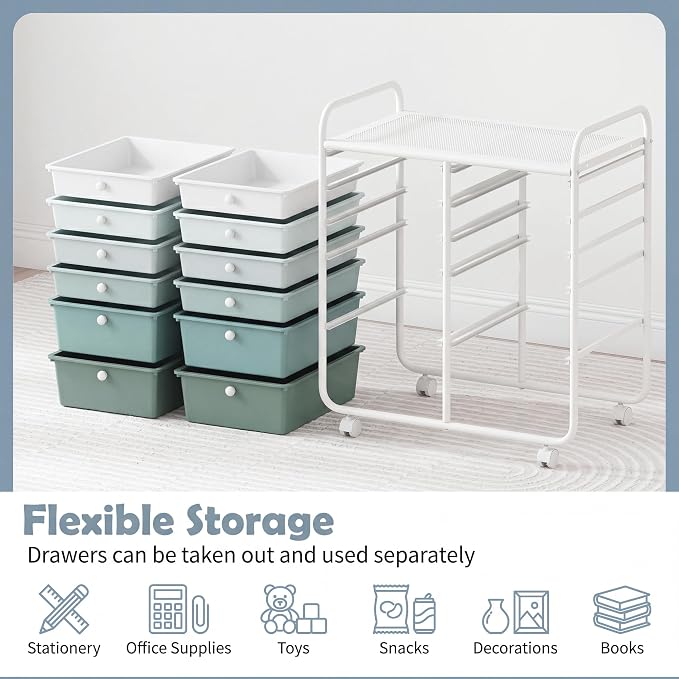 GOFLAME 12-Drawer Rolling Storage Cart, Multipurpose Organizer with 2 Sizes Plastic Drawers, Mobile Utility Cart with Lockable Casters for Home, Office, Beauty Salon, School, Green Gradient - Image 6