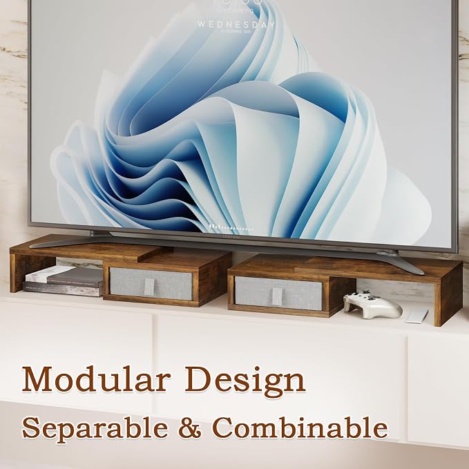 TEAMIX Dual Monitor Stand Riser - Length and Angle Adjustable White Monitor Stand with 2 Drawers to Storage Large Computer Riser for 2 Monitors/Laptop/PC, Wood Screen/TV Stand Desk Organizer (Brown) - Image 6