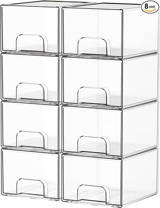 8 Pack Small Stackable Storage Bins,Clear Acrylic Drawer Boxes,Medicine Cabinet Organizer,Plastic Containers for Organizing Vanity,Undersink,Pantry,Bathroom Makeup Organizer,Home Organization by Yieach