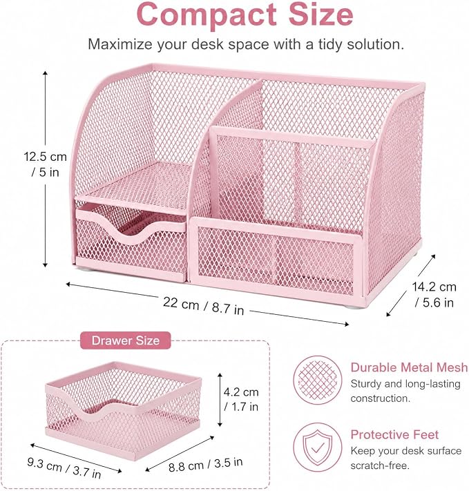 Exerz Desk Organizer 7 Compartments Metal Mesh Pen Holder Caddy Light Pink | Soft Color Desktop Storage for Notes Clips Scissors Rulers Craft Tools Makeup Study and Home Use - Image 2