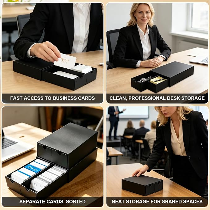 Business Card Storage Box 4 Pack, Stackable Business Card Organizer with 8 Pull-Out Drawers and Labels, Holds Up to 4000 Cards, Black Corrugated Desktop Filing Boxes - Image 6