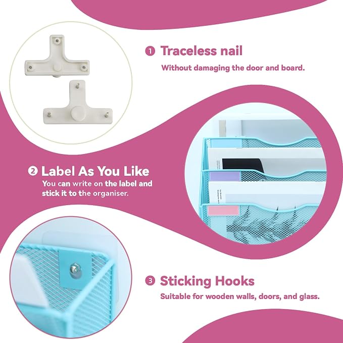 8 Pockets Mesh Wall File Holder Organizer Office Hanging File Folder Magazine Rack, Nametag Label Hooks Set Included (Blue) - Image 4