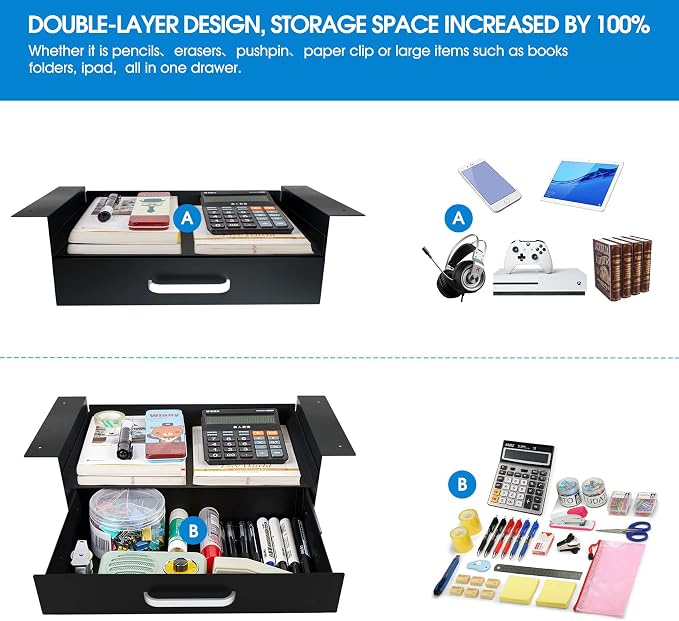 GOME Under Desk Drawer Storage with Laptop/Book/Folders Shelf, Double Layer Easy Slide-Out Undermount Drawer Organizer with Ball Sliding Track for Home Office Sit-Stand Workstation - Image 3