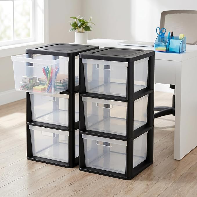2 Pcs Plastic Drawer Wide Tower Plastic Storage Cart with Clear Pull Out Drawers, Black (Black, 3 Drawer Wide Tower) - Image 2