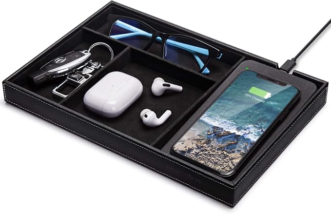 Valet Tray, Built in Wireless Charging Pad, Nightstand Organizer, Dresser Organizer, Mens Jewelry Box, Valet Charging Station, Faux Leather Valet Tray for Men and Women, (Black) by wirelessfuturecharger