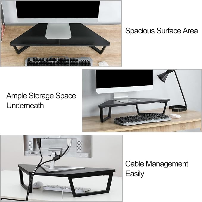 TEAMIX 26 inch Corner Monitor Stand Riser with Keyboard Storage, Black | Triangle Monitor Stand, Wood & Metal Computer Stand, Laptop Riser, Desktop Organizer, for L Shaped Desk, Home Office & Gaming - Image 3