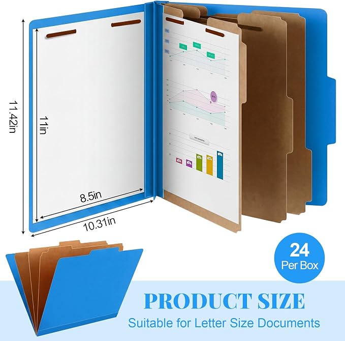 AmazingSpark 24 Pcs Classification Folder Letter Size Bulk 3 Divider Pressboard File Folder with Expansion 2 Prong Fastener Heavy Duty Office File Organizer for School Medical Document(Business Blue) - Image 2