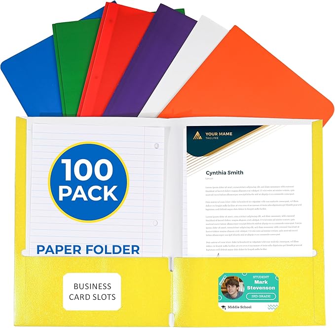 100 Pack Assorted Colors 2 Pocket Paper Folders. EPI Heavy Duty, Bulk Folders with Pockets and Business Card Slots. Letter Size Document Organizers. Durable Portfolio School, College, Office Files by EPI