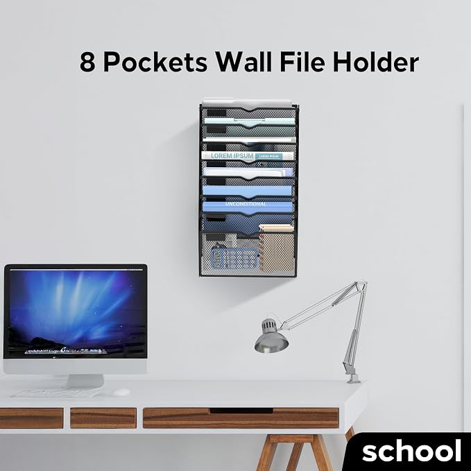 8-Tier Wall File Organizer and Hanging File Organizer, Black | Wall Organizer and Wall Mounted File Holder with 8 Pockets and Label Panels for Files, Mail, Folders, Magazines and Paper - Image 5